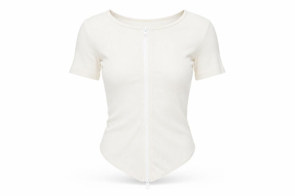Front view of PRETTYLITTLETHING women’s ivory polyamide basic t-shirt, size XS, round neck - ribbed