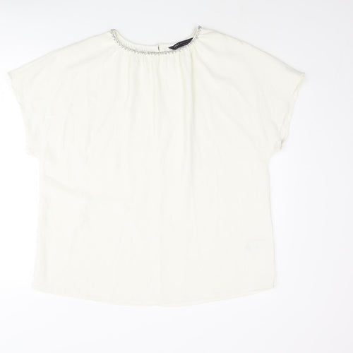 Marks and Spencer Womens Ivory Polyester Basic Blouse Size 12 Round Neck - Rhinestone Collar