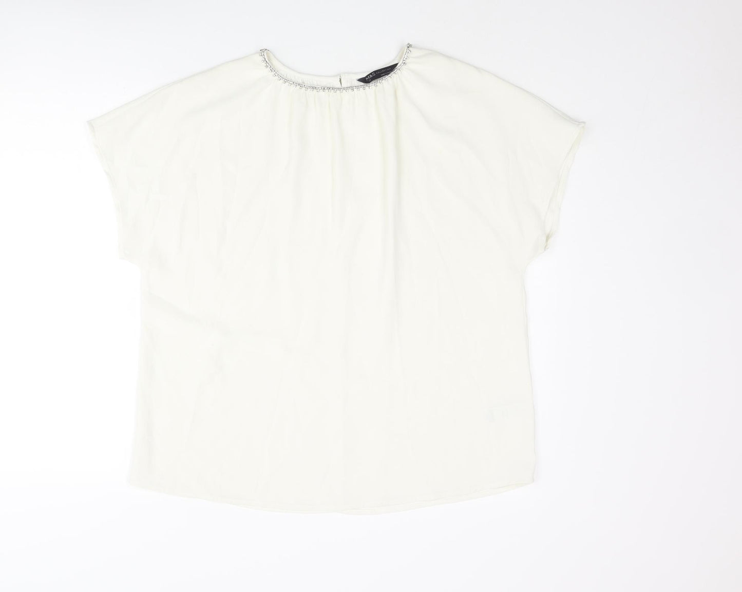Marks and Spencer Womens Ivory Polyester Basic Blouse Size 12 Round Neck - Rhinestone Collar