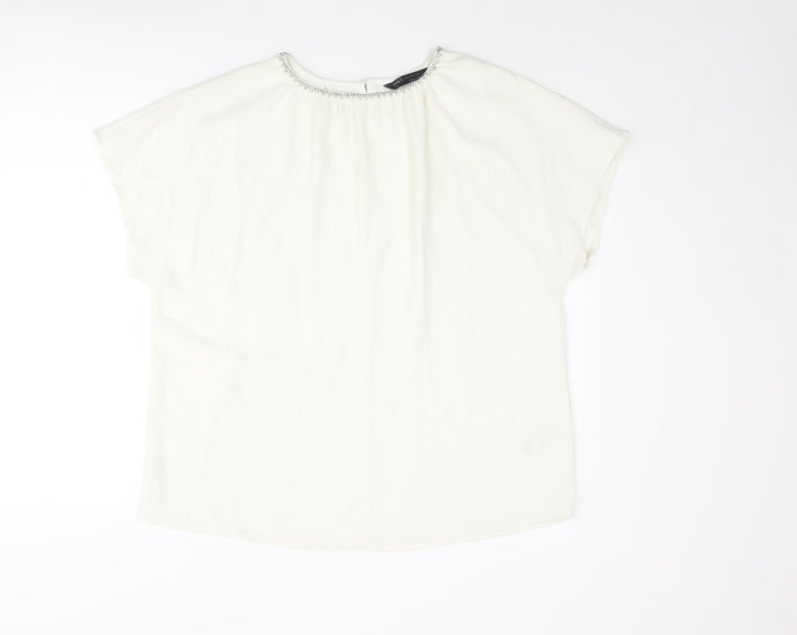 Marks and Spencer Womens Ivory Polyester Basic Blouse Size 12 Round Neck - Rhinestone Collar