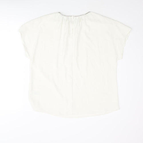 Marks and Spencer Womens Ivory Polyester Basic Blouse Size 12 Round Neck - Rhinestone Collar