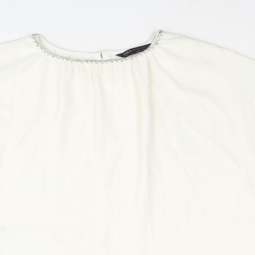 Marks and Spencer Womens Ivory Polyester Basic Blouse Size 12 Round Neck - Rhinestone Collar