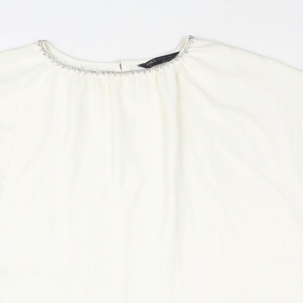Marks and Spencer Womens Ivory Polyester Basic Blouse Size 12 Round Neck - Rhinestone Collar