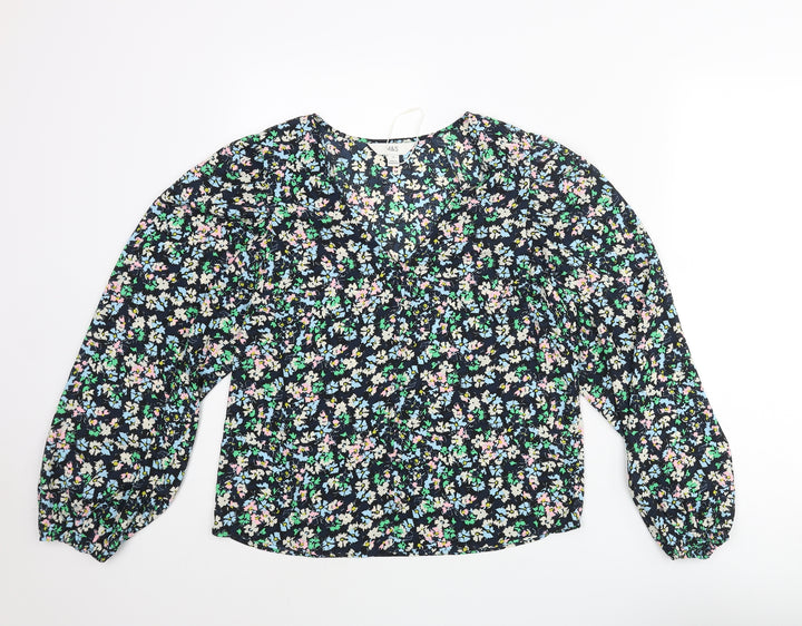 Marks and Spencer Womens Multicoloured Floral Polyester Basic Blouse Size 10 V-Neck - Button Detail