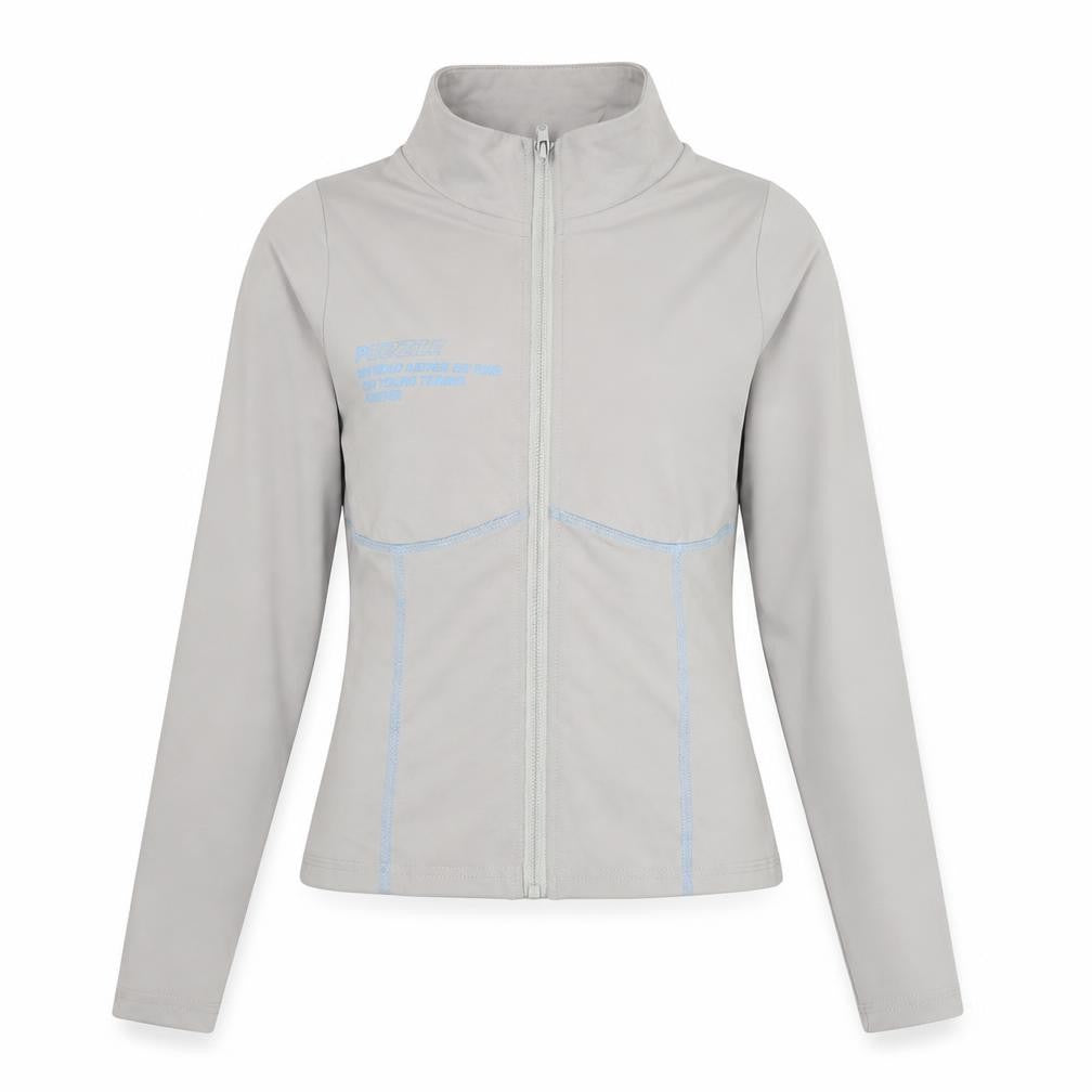 Front view of PRETTYLITTLETHING women’s grey jacket, size UK 10, zip - logo stitch detail