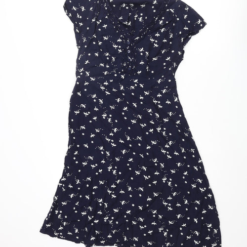 RJR.John Rocha Womens Blue Geometric Polyester A-Line Size 12 V-Neck Pullover - Dragonfly Print Frill Button Detail
