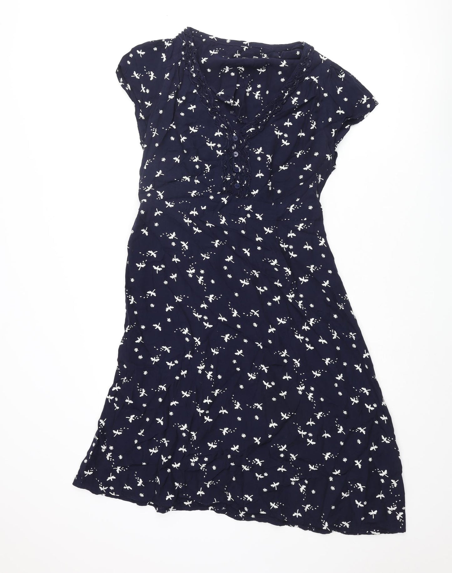 RJR.John Rocha Womens Blue Geometric Polyester A-Line Size 12 V-Neck Pullover - Dragonfly Print Frill Button Detail