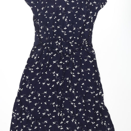 RJR.John Rocha Womens Blue Geometric Polyester A-Line Size 12 V-Neck Pullover - Dragonfly Print Frill Button Detail