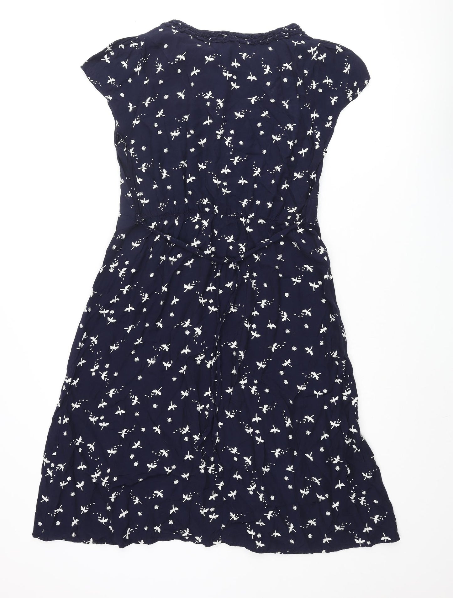RJR.John Rocha Womens Blue Geometric Polyester A-Line Size 12 V-Neck Pullover - Dragonfly Print Frill Button Detail
