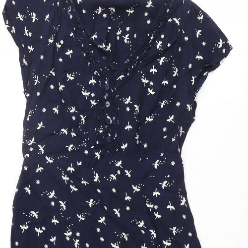RJR.John Rocha Womens Blue Geometric Polyester A-Line Size 12 V-Neck Pullover - Dragonfly Print Frill Button Detail