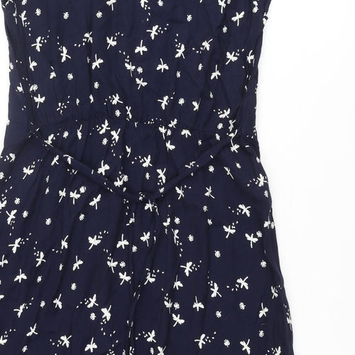 RJR.John Rocha Womens Blue Geometric Polyester A-Line Size 12 V-Neck Pullover - Dragonfly Print Frill Button Detail