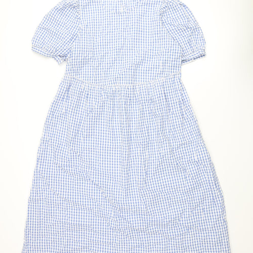 Marks and Spencer Womens Blue Gingham Cotton A-Line Size 14 Round Neck Button