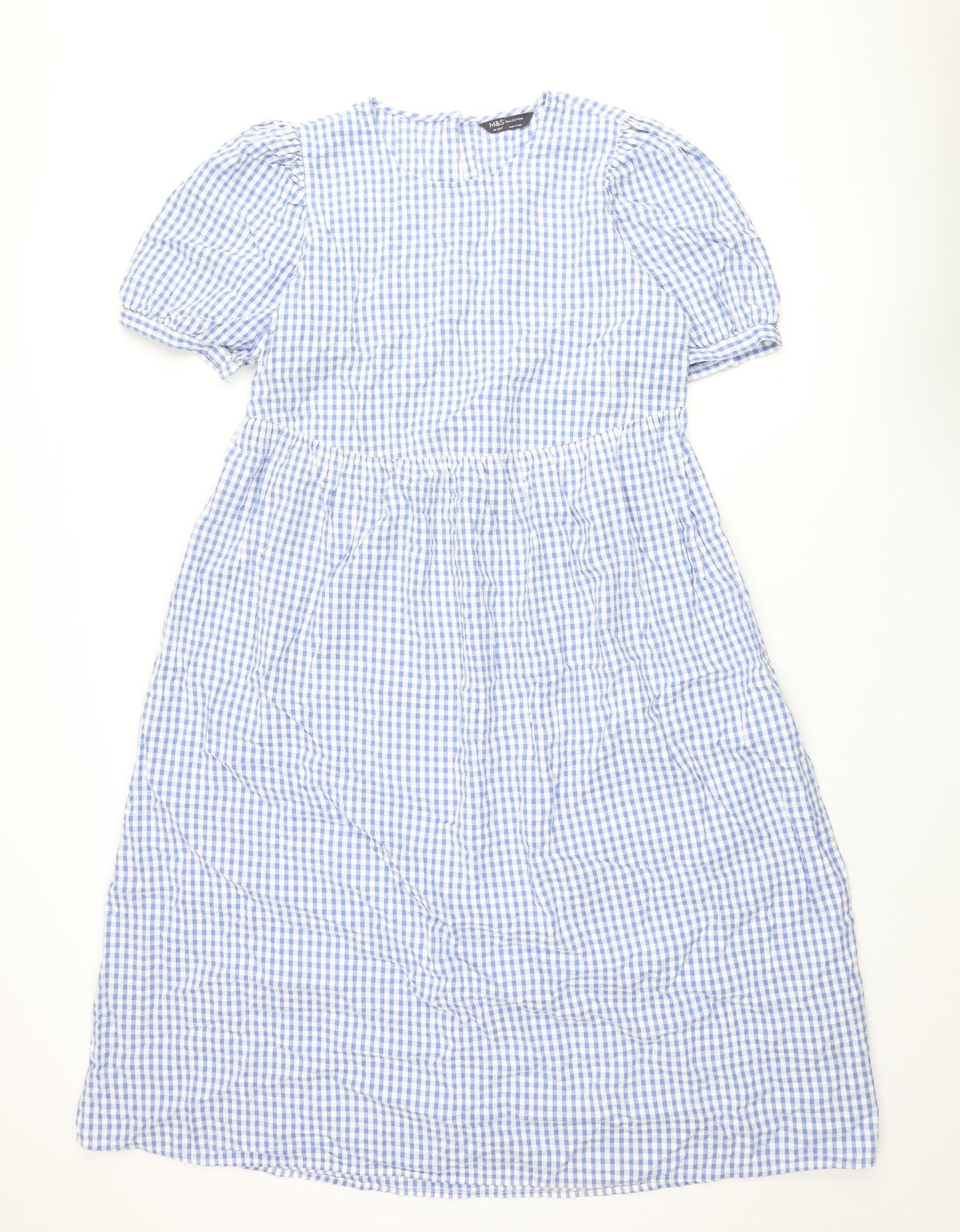 Marks and Spencer Womens Blue Gingham Cotton A-Line Size 14 Round Neck Button