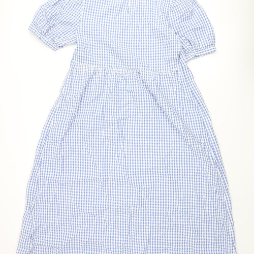 Marks and Spencer Womens Blue Gingham Cotton A-Line Size 14 Round Neck Button