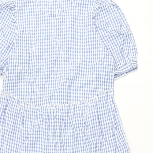 Marks and Spencer Womens Blue Gingham Cotton A-Line Size 14 Round Neck Button