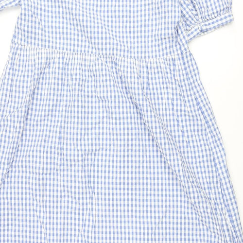 Marks and Spencer Womens Blue Gingham Cotton A-Line Size 14 Round Neck Button