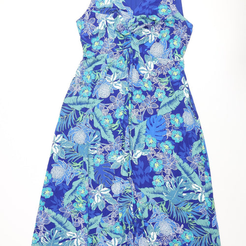 Bonmarche Womens Blue Floral Viscose A-Line Size 18 V-Neck Pullover - Belted