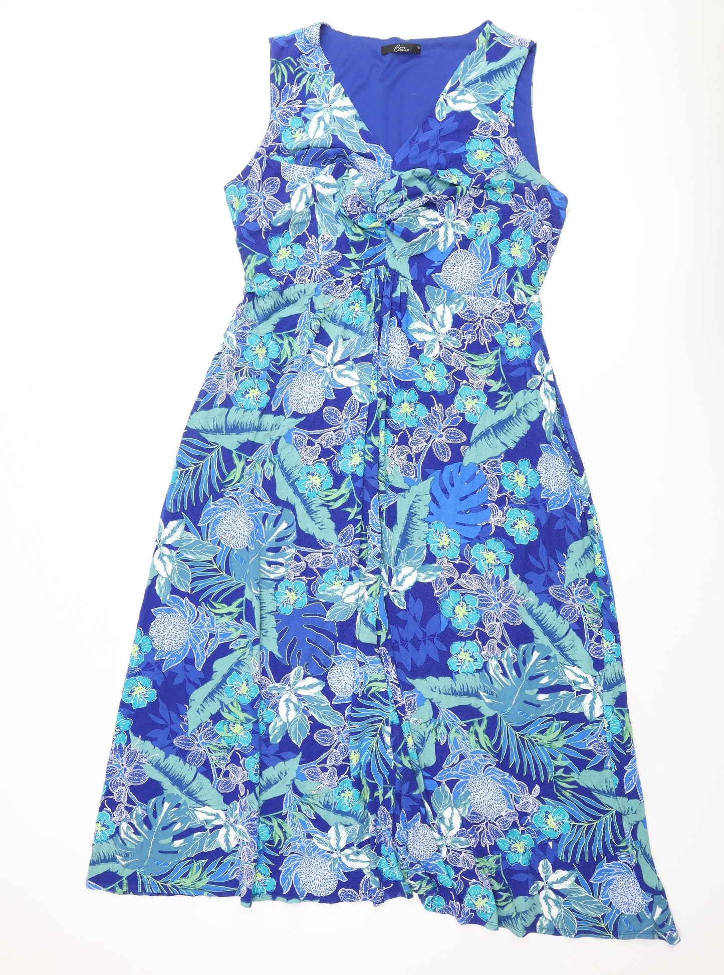 Bonmarche Womens Blue Floral Viscose A-Line Size 18 V-Neck Pullover - Belted