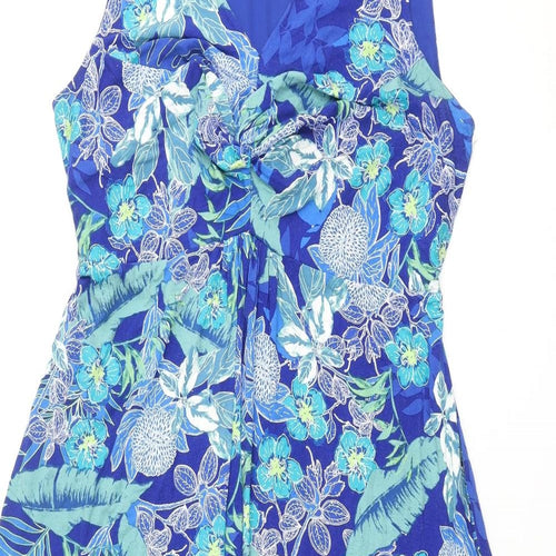 Bonmarche Womens Blue Floral Viscose A-Line Size 18 V-Neck Pullover - Belted