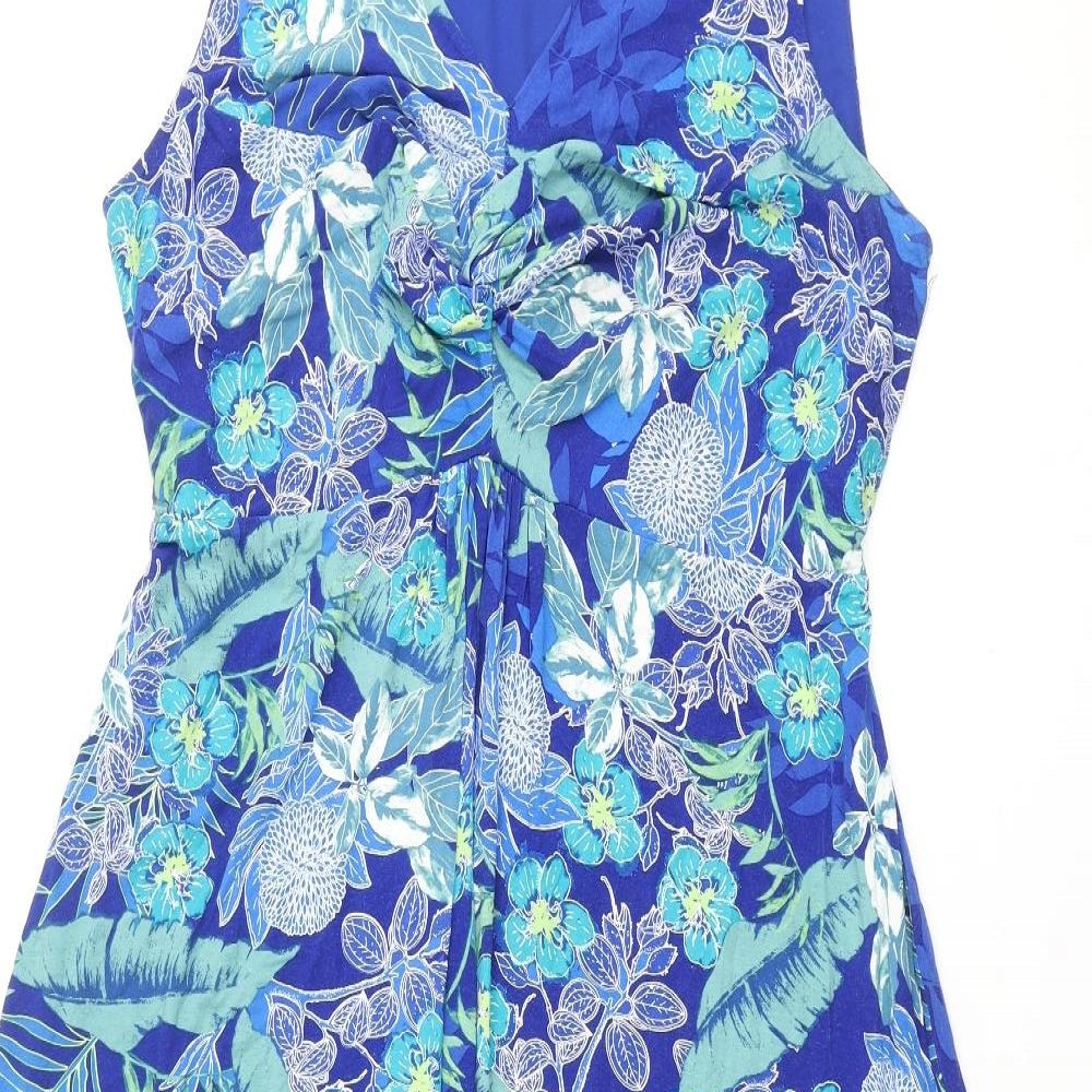 Bonmarche Womens Blue Floral Viscose A-Line Size 18 V-Neck Pullover - Belted