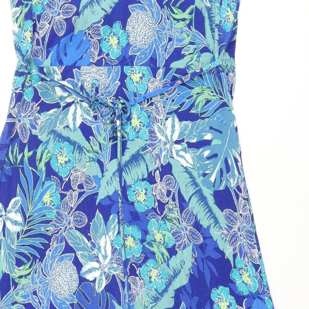 Bonmarche Womens Blue Floral Viscose A-Line Size 18 V-Neck Pullover - Belted