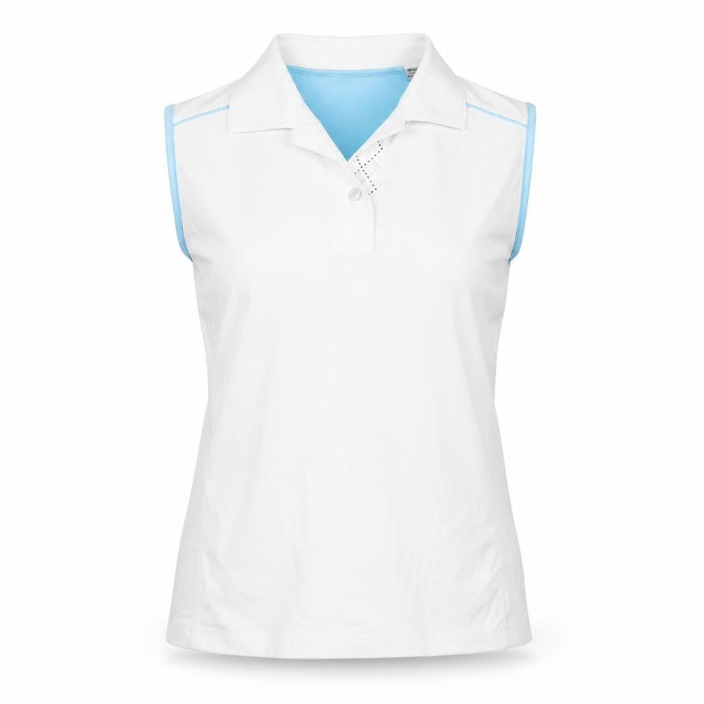 Front view of Green Lamb women’s white polyester camisole polo, size UK 12, collared button - logo