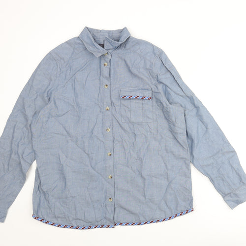 Marks and Spencer Womens Blue Cotton Basic Button-Up Size 12 Collared - Back Floral Embroidery
