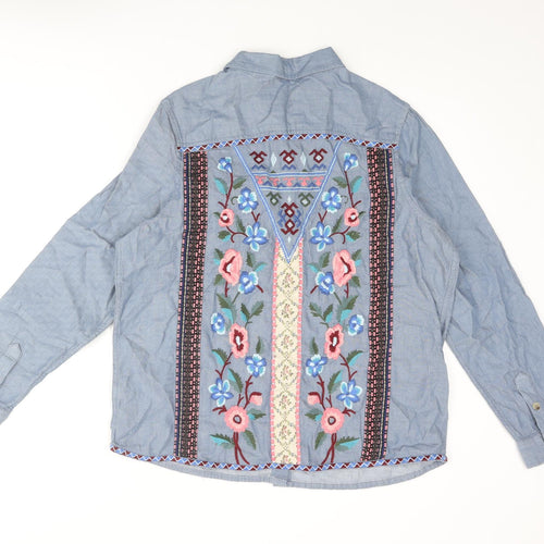 Marks and Spencer Womens Blue Cotton Basic Button-Up Size 12 Collared - Back Floral Embroidery