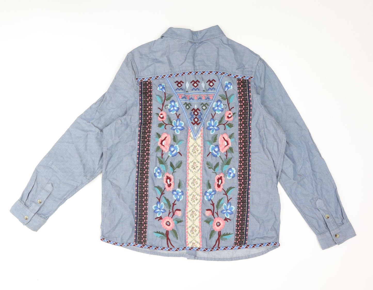 Marks and Spencer Womens Blue Cotton Basic Button-Up Size 12 Collared - Back Floral Embroidery