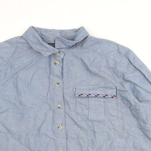 Marks and Spencer Womens Blue Cotton Basic Button-Up Size 12 Collared - Back Floral Embroidery