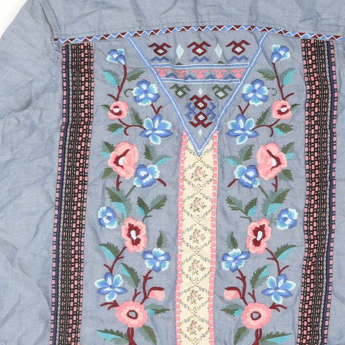 Marks and Spencer Womens Blue Cotton Basic Button-Up Size 12 Collared - Back Floral Embroidery