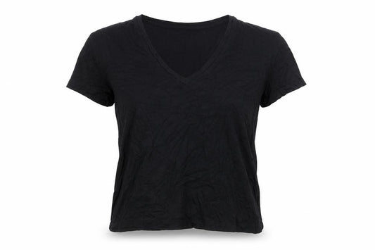 Front view of Dynamite women’s black viscose basic t-shirt, size M, v-neck