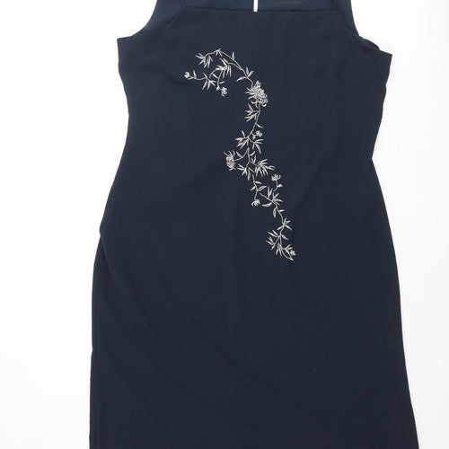 Dorothy Perkins Womens Blue Polyester Shift Size 16 Square Neck Button - Floral Embroidery