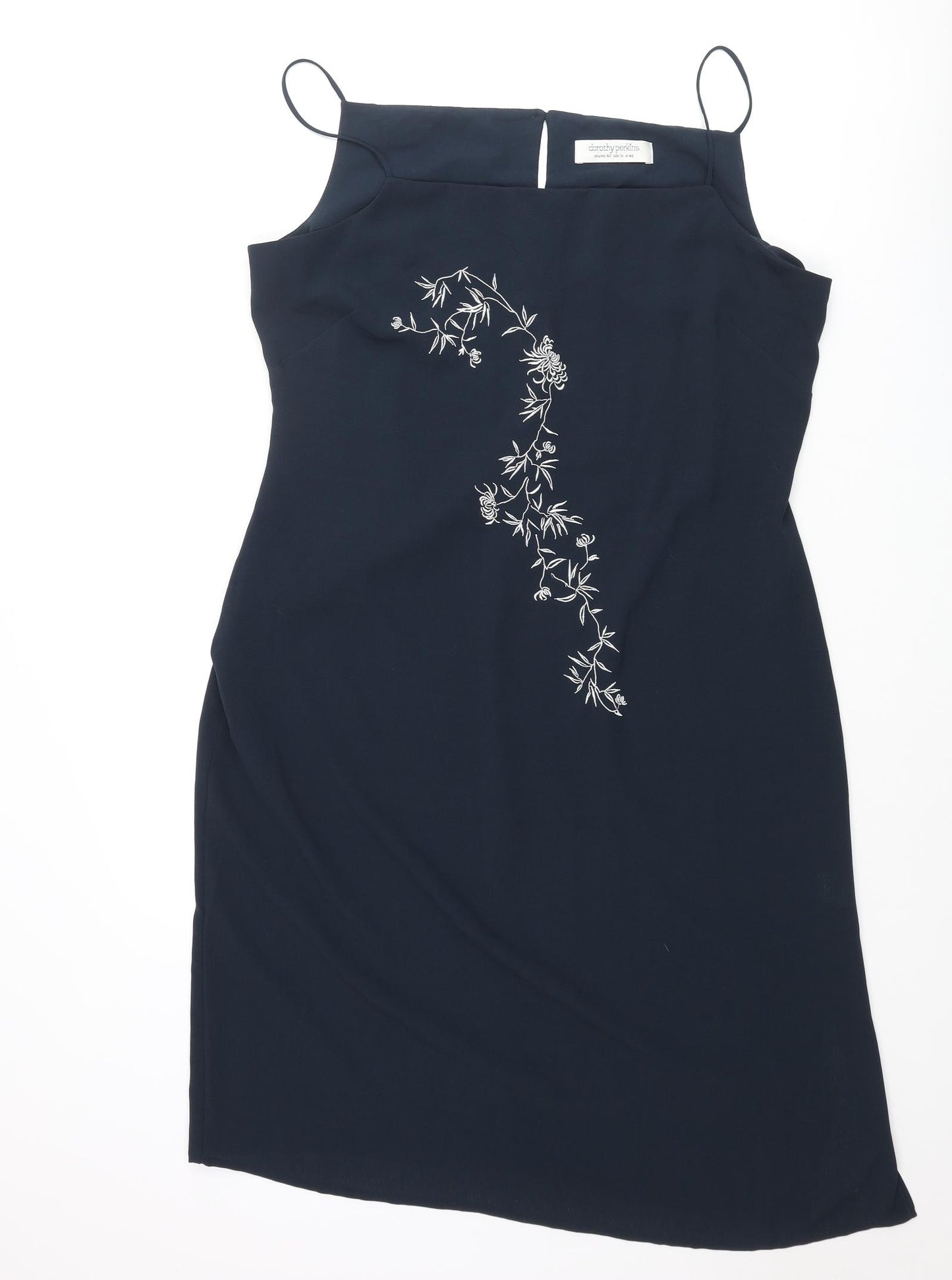 Dorothy Perkins Womens Blue Polyester Shift Size 16 Square Neck Button - Floral Embroidery
