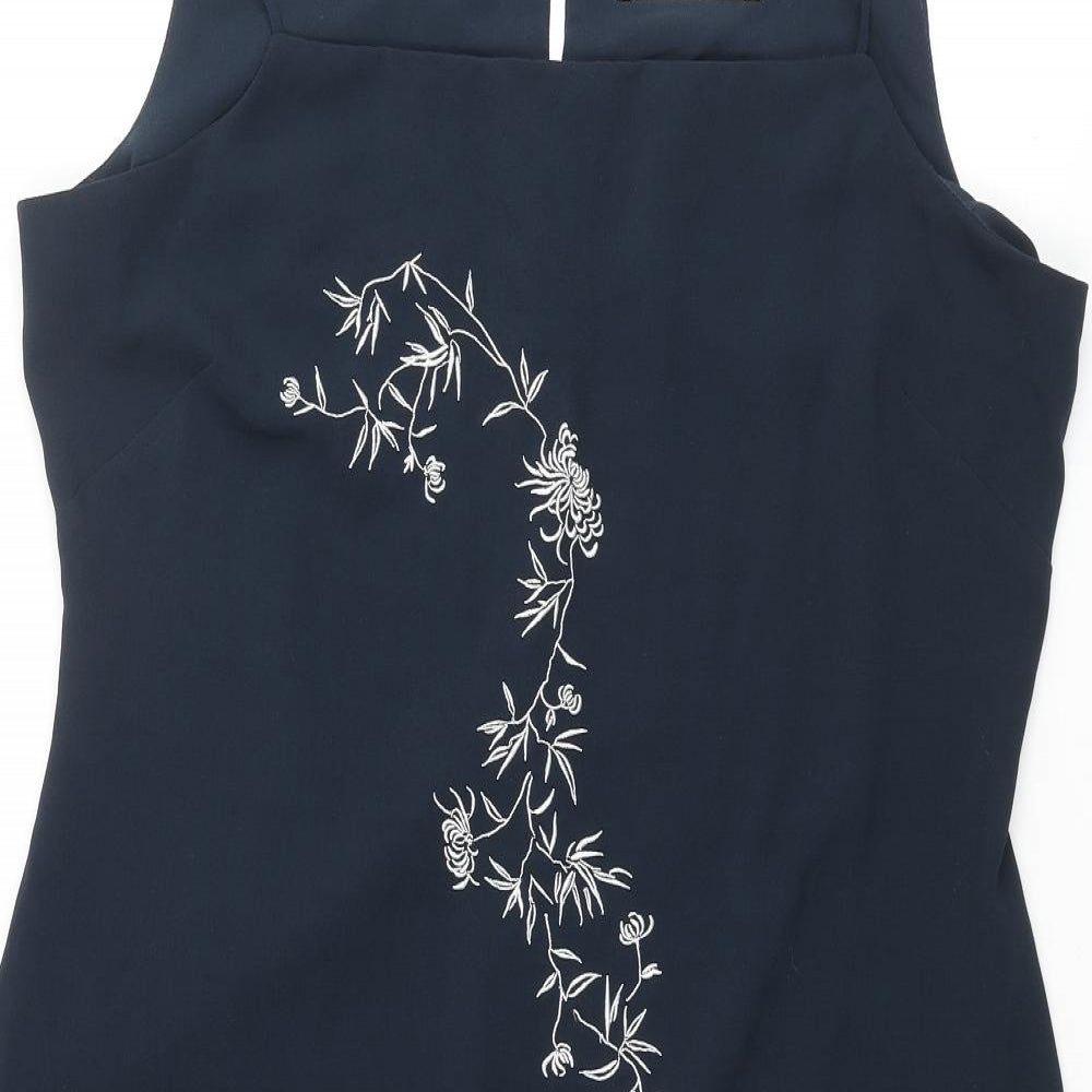 Dorothy Perkins Womens Blue Polyester Shift Size 16 Square Neck Button - Floral Embroidery
