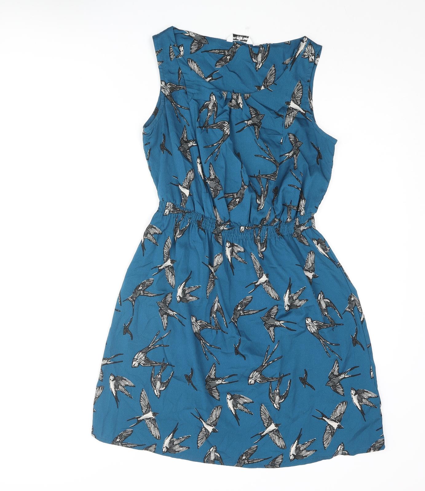 New Look Womens Blue Geometric Polyester A-Line Size 8 Scoop Neck Pullover - Bird Print