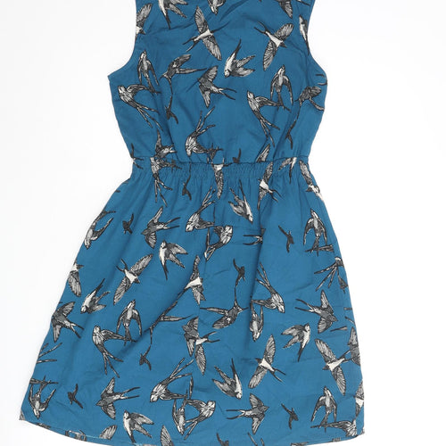 New Look Womens Blue Geometric Polyester A-Line Size 8 Scoop Neck Pullover - Bird Print