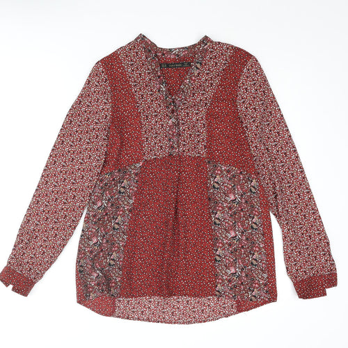 Zara Womens Red Geometric Polyester Basic Blouse Size XS V-Neck - Floral Print