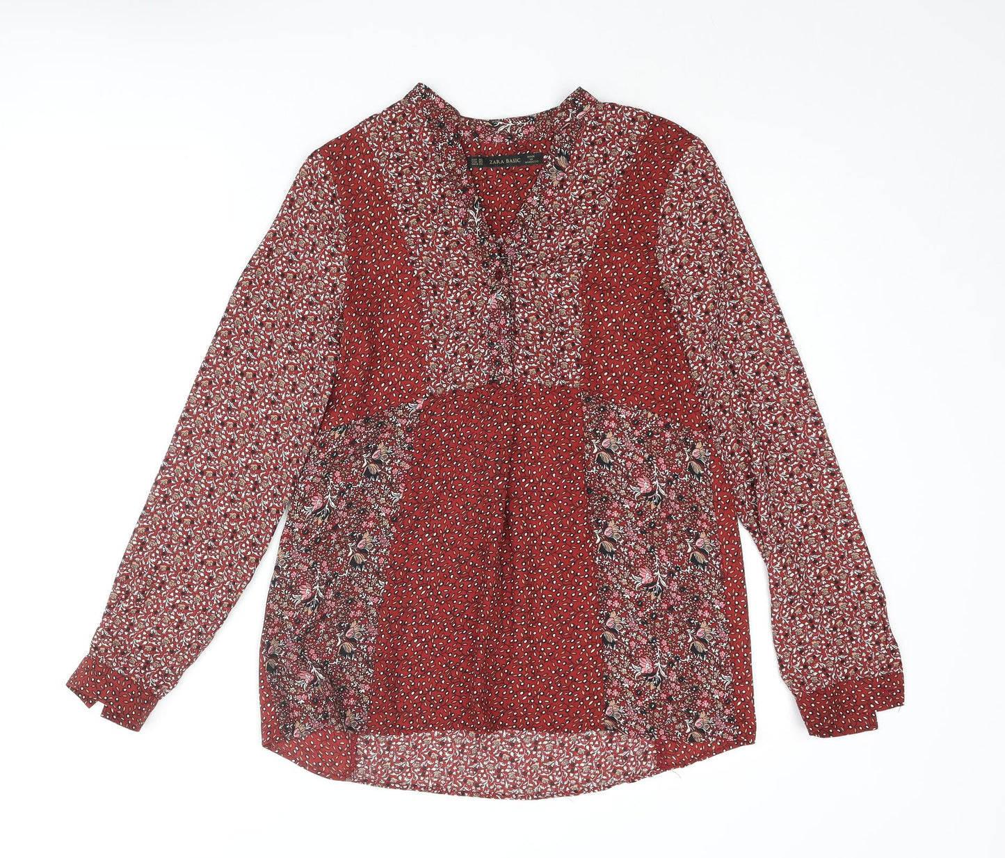 Zara Womens Red Geometric Polyester Basic Blouse Size XS V-Neck - Floral Print