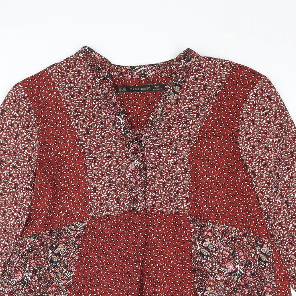 Zara Womens Red Geometric Polyester Basic Blouse Size XS V-Neck - Floral Print