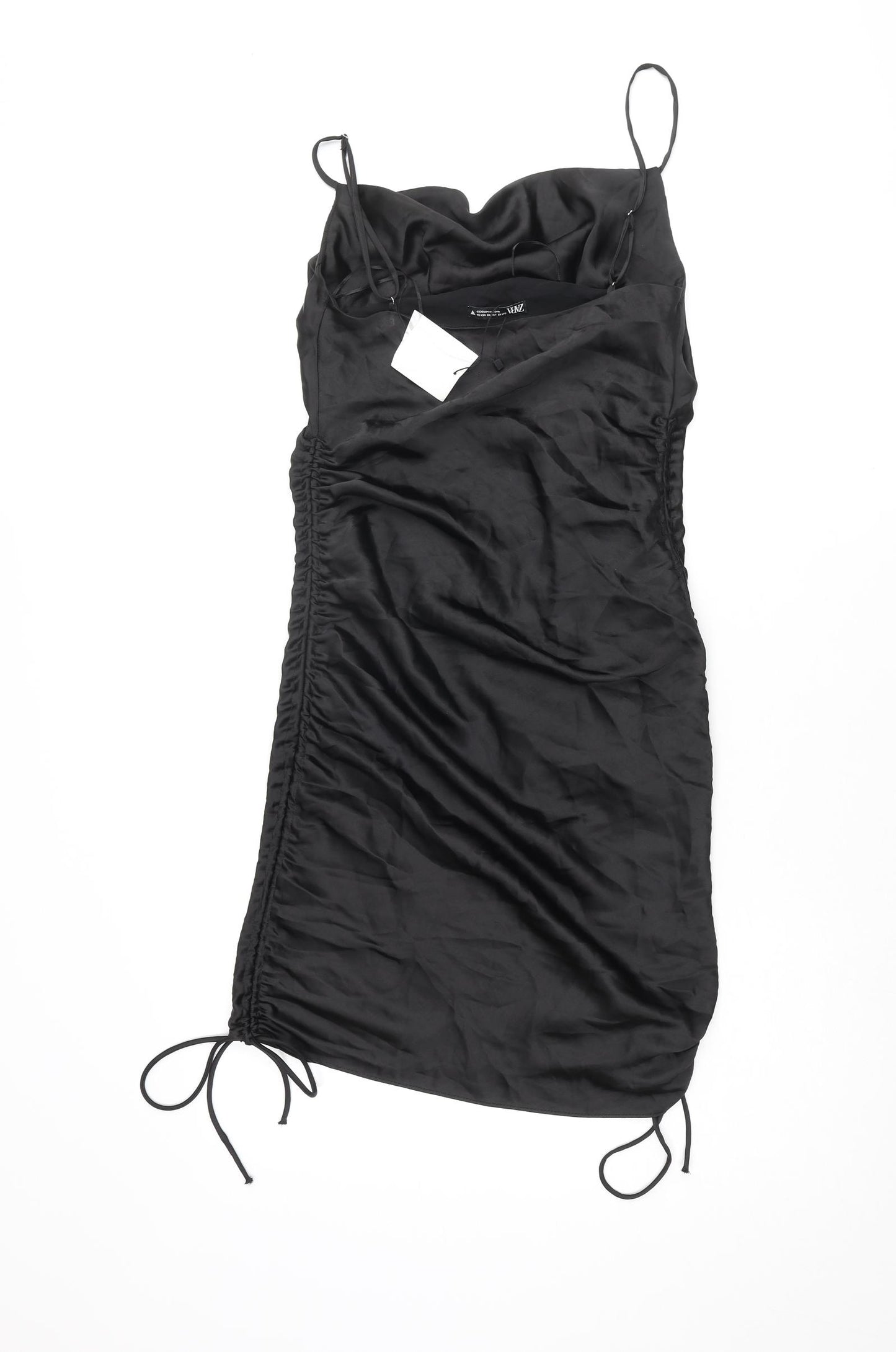 Zara Womens Black Polyacrylate Fibre Slip Dress Size XS Cowl Neck Pullover - Adjustable Hem Drawstring