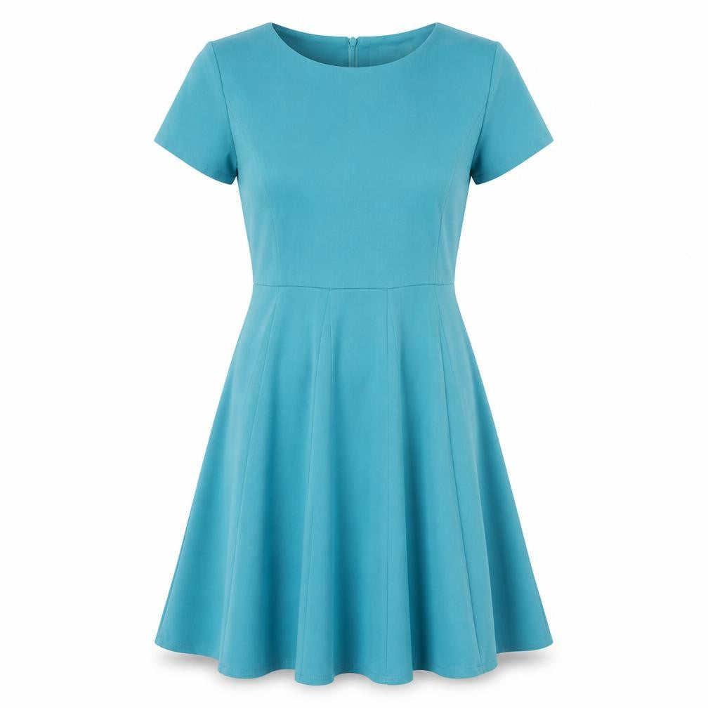 Front view of Louche women’s blue polyester fit & flare, size UK 10, round neck zip
