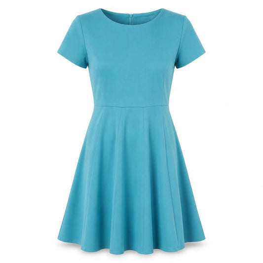 Front view of Louche women’s blue polyester fit & flare, size UK 10, round neck zip