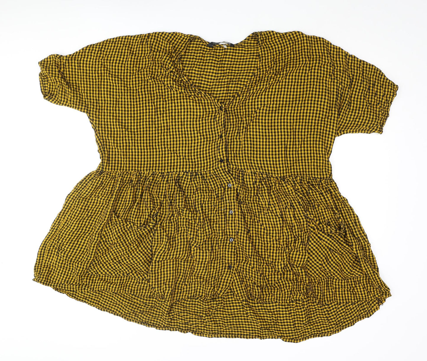 Zara Womens Yellow Gingham Viscose Mini Size S V-Neck Button - Pocket Oversized