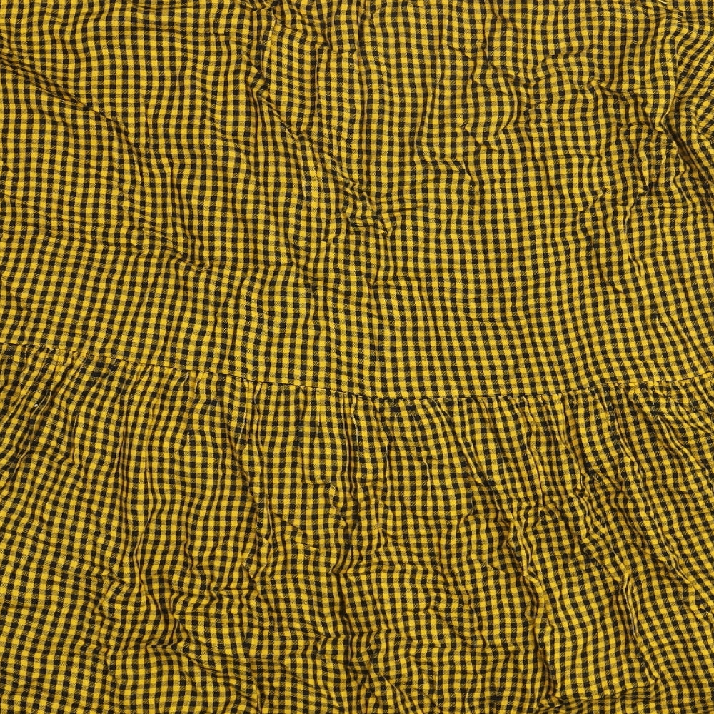 Zara Womens Yellow Gingham Viscose Mini Size S V-Neck Button - Pocket Oversized