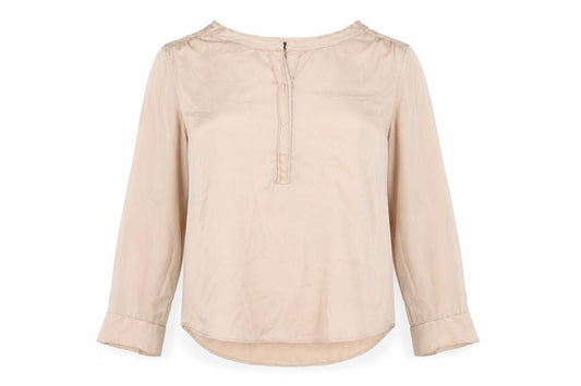 Front view of Selected Femme women’s pink polyester basic blouse, size UK 10, v-neck - raw hem button detail