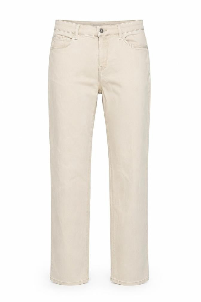 Front view of Brax women’s beige cotton straight jeans, size UK 10, 28-inch leg regular button