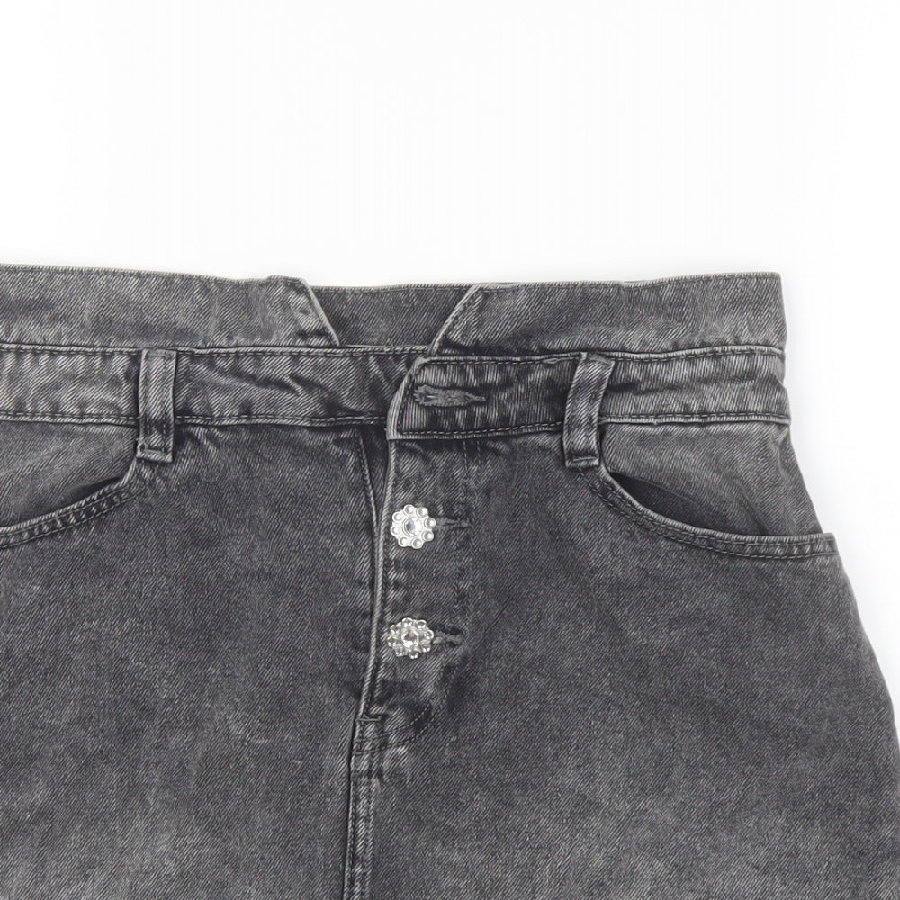 Denim & Co. Womens Grey Cotton A-Line Skirt Size 8 Button