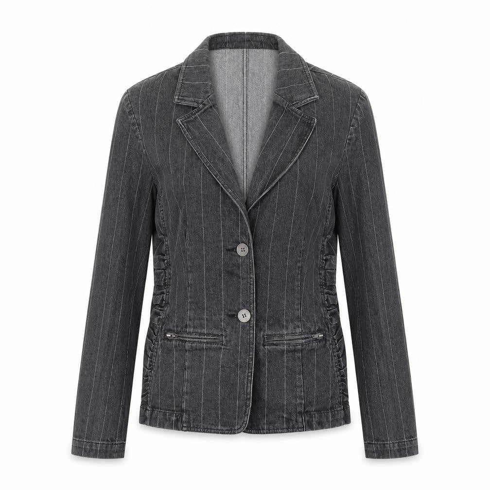 Front view of Peter Golding women’s grey striped jacket, size UK 10, button