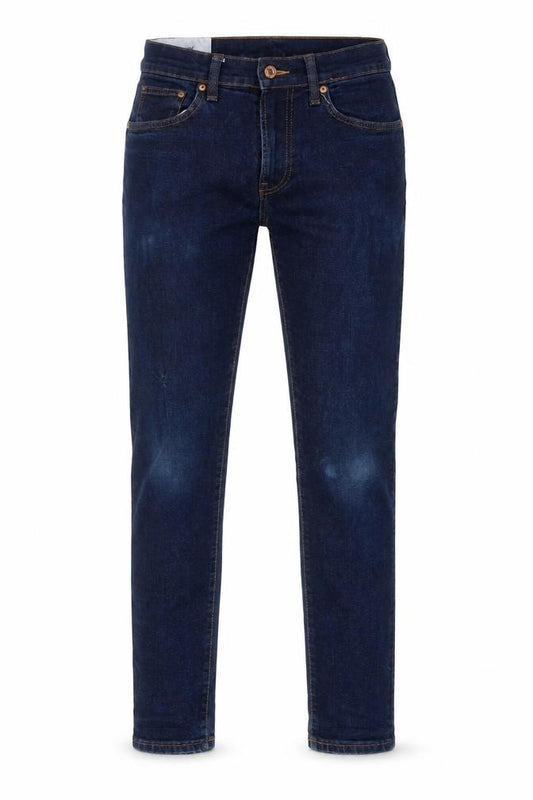Front view of H&M men’s blue cotton skinny jeans, size 31, in, 32-inch leg regular button
